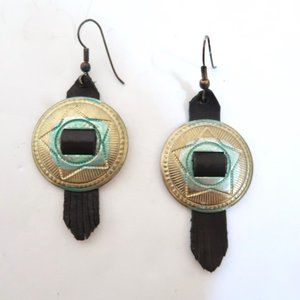 Western Concha & leather drop earrings